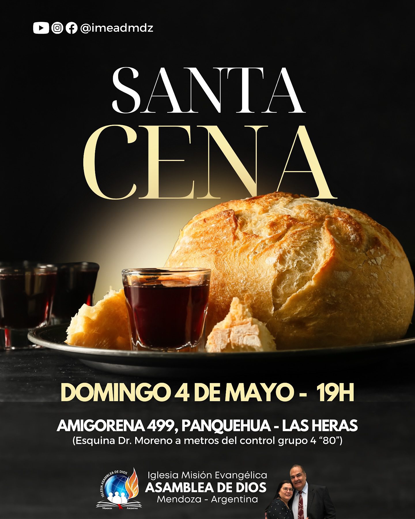 Este domingo 4 de mayo, desde las 19h, celebramos la 5ª Santa Cena del año 2025 en nuestro templo en Las Heras. Calle Amigorena 499, Panquehua (esquina con Dr. Moreno).
Te esperamos para compartir este momento de comunión en la presencia del Señor.