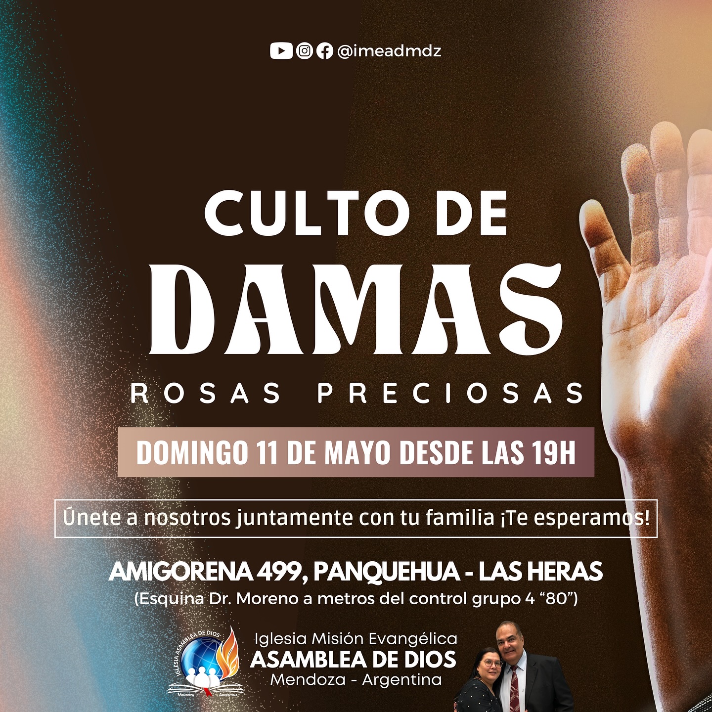 Te esperamos para juntos alabar a Dios en nuestro 5º culto de damas del 2025, este domingo, 11 de mayo desde las 19h.
📍Amigorena 499 (esquina Dr. Moreno) - Panquehua, Las Heras.
📖 Dios tiene un plan glorioso para tu vida y tu familia. Te esperamos 🙏🏼