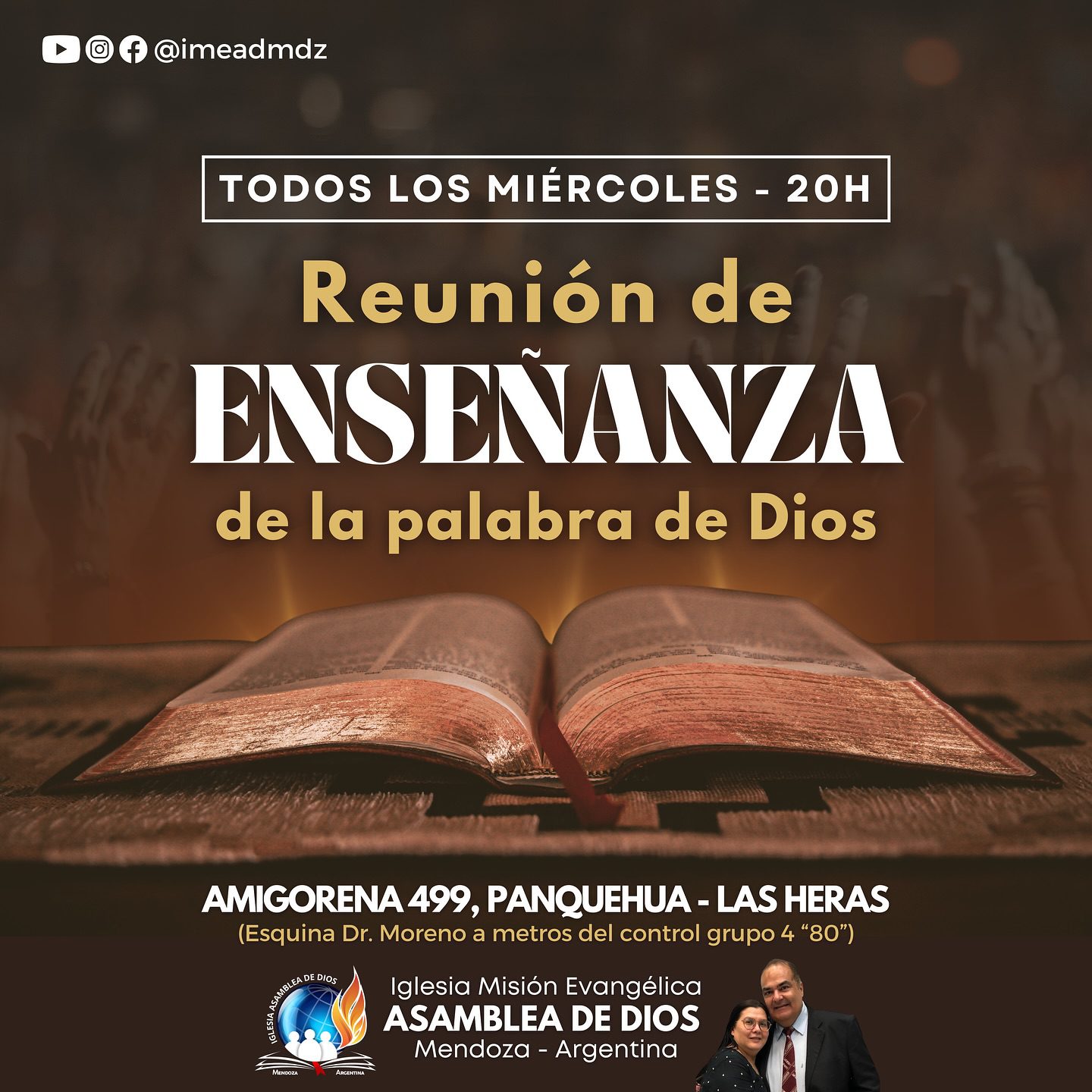 Todos los miércoles a las 20h, nos reunimos para adorar al Señor y recibir una palabra de vida y fortalecimiento espiritual de parte de Dios, compartida por nuestro Pastor Rubens. No dudes en venir, ¡te esperamos!
📍Amigorena 499 (esquina Dr. Moreno) - Panquehua, Las Heras
📖 Dios tiene un plan glorioso para tu vida y tu familia. Te esperamos 🙏🏼