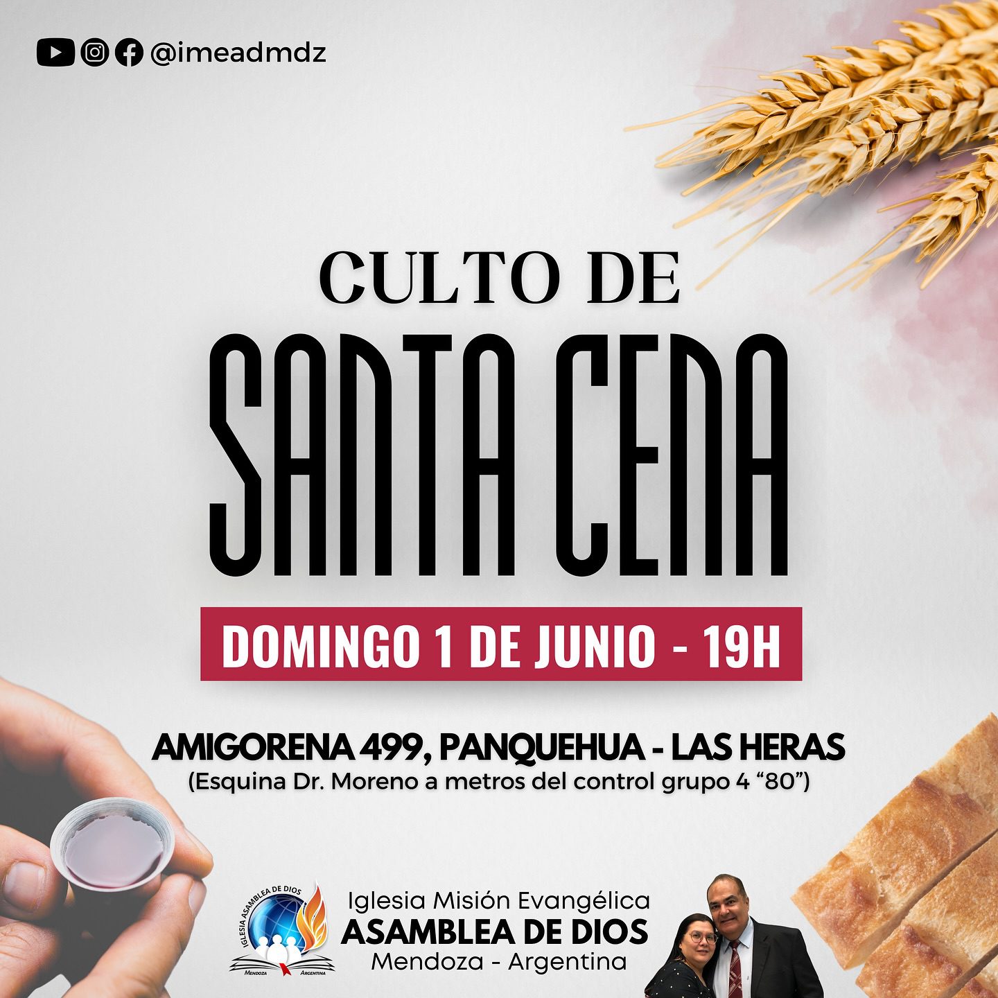 Este domingo 1 de junio, desde las 19h, celebramos la 6ª Santa Cena del año 2025 en nuestro templo en Las Heras. Calle Amigorena 499, Panquehua (esquina con Dr. Moreno).
Te esperamos para compartir este momento de comunión en la presencia del Señor.
📖 Dios tiene un plan glorioso para tu vida y tu familia.