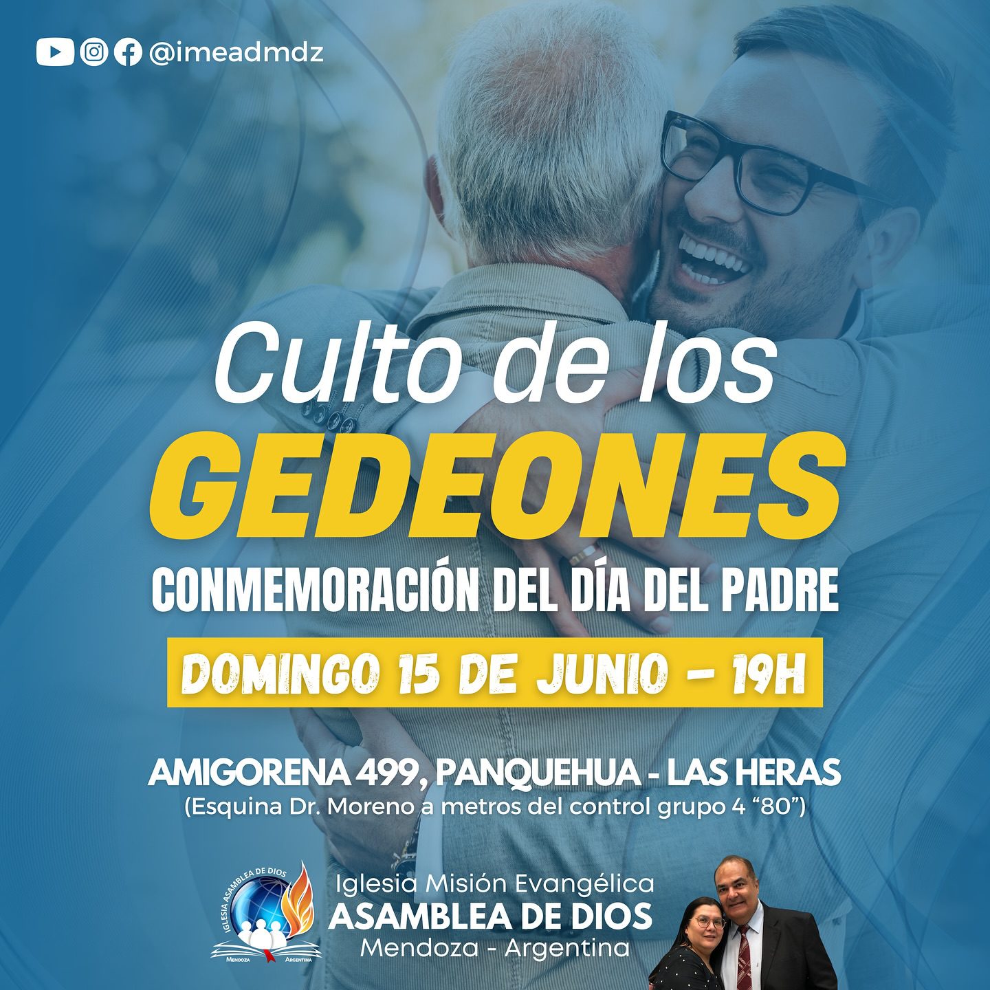 Este domingo 15 de junio desde las 19 horas daremos gracias a Dios por la vida de cada padre y disfrutaremos juntos de un tiempo especial en la presencia de Dios.
¡Ven con tu familia y celebremos juntos!
📍Amigorena 499 (esquina Dr. Moreno) - Panquehua, Las Heras.
📖 Dios tiene un plan glorioso para tu vida y tu familia. Te esperamos 🙏🏼
