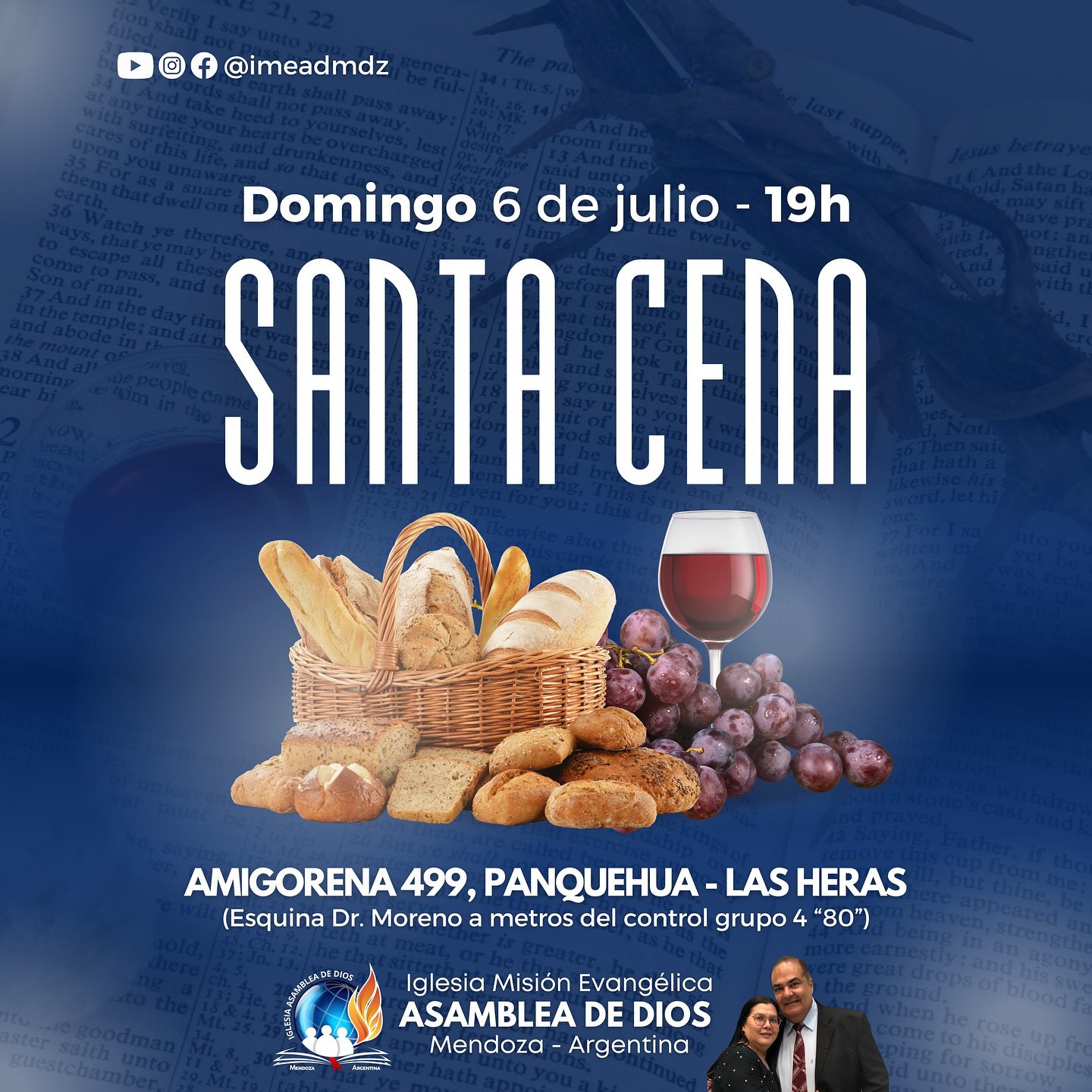 Este domingo 6 de julio, desde las 19h, celebramos la 7ª Santa Cena del año 2025 en nuestro templo en Las Heras. Calle Amigorena 499, Panquehua (esquina con Dr. Moreno).
Te esperamos para compartir este momento de comunión en la presencia del Señor.
¡EN UNIÓN, COMUNIÓN Y ORACIÓN!
📖 Dios tiene un plan glorioso para tu vida y tu familia.