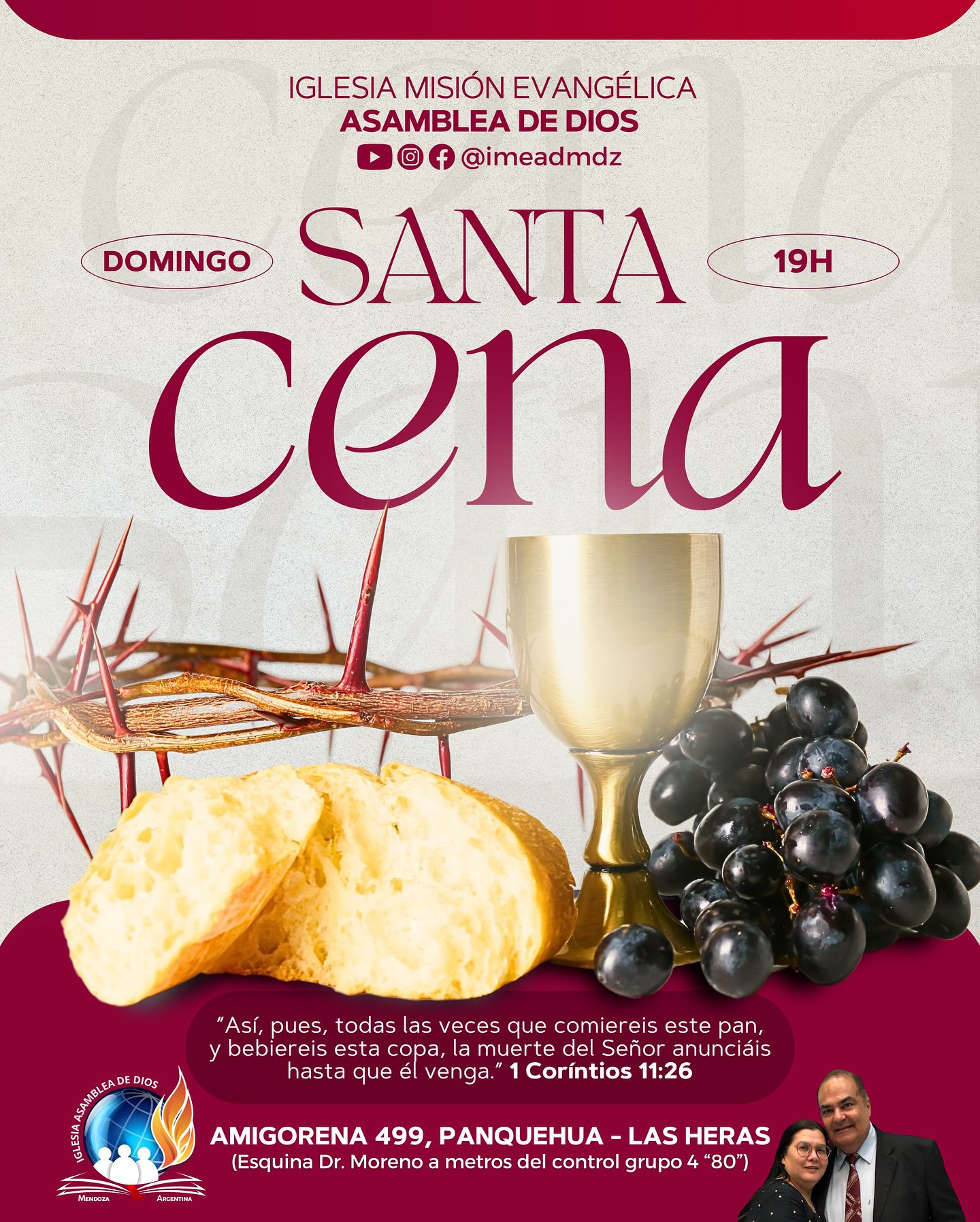 Este domingo 3 de agosto, desde las 19h, celebramos la 8ª Santa Cena del año 2025 en nuestro templo en Las Heras. Calle Amigorena 499, Panquehua (esquina con Dr. Moreno).
Te esperamos para compartir este momento de comunión en la presencia del Señor.
¡EN UNIÓN, COMUNIÓN Y ORACIÓN!
📖 Dios tiene un plan glorioso para tu vida y tu familia.