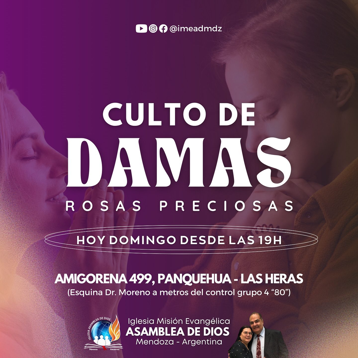 Te esperamos hoy a partir de las 19 horas para juntos alabar a Dios en nuestro 8º culto de damas del 2025.
📍Amigorena 499 (esquina Dr. Moreno) - Panquehua, Las Heras.
📖 Dios tiene un plan glorioso para tu vida y tu familia. Te esperamos 🙏🏼
¡EN UNIÓN, COMUNIÓN Y ORACIÓN!