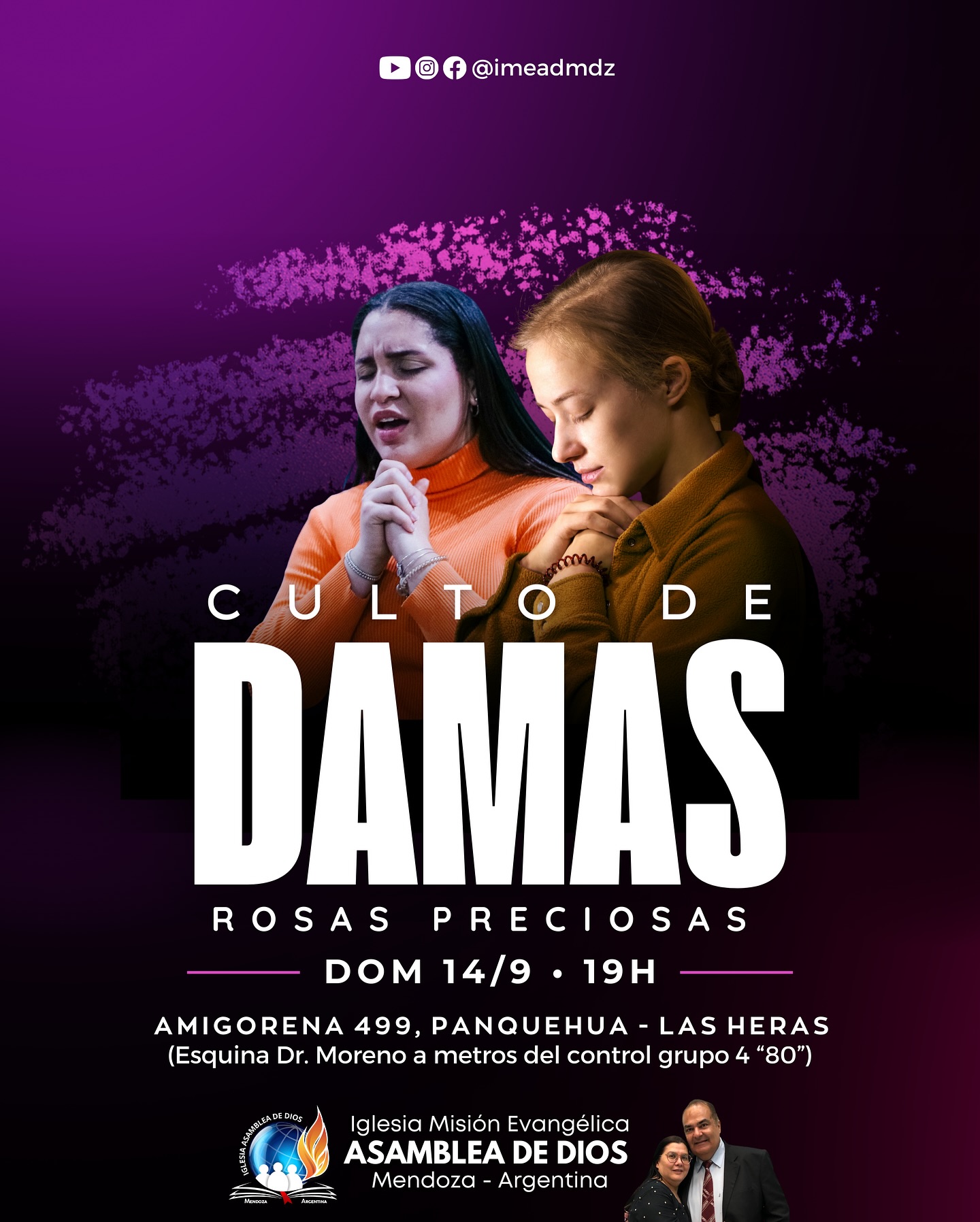 Te invitamos a nuestro 9º Culto de Damas del 2025, este domingo 14 de septiembre a las 19h. Te esperamos con los brazos abiertos. 🙏🏼❤️
📍Amigorena 499 (esquina Dr. Moreno) - Panquehua, Las Heras.
¡Será una noche de bendición!
📖 “Dios tiene un plan glorioso para tu vida y tu familia.”