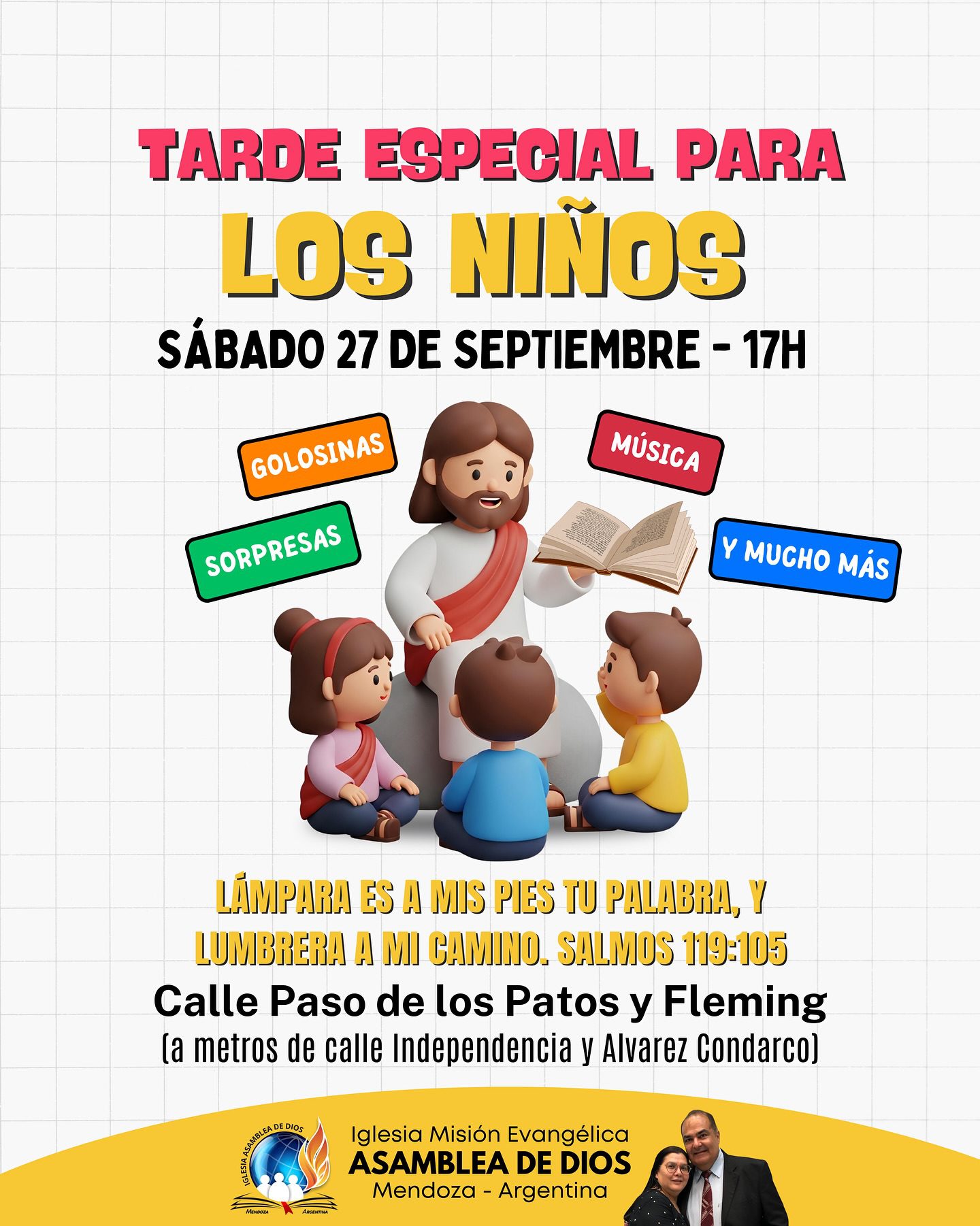 Este sábado 27 de septiembre a partir de las 17h
Estaremos con los niños, una tarde bendecida y llena de alegría.
Ven con toda tu familia y disfrutá de una tarde con música, diversión, la presencia de Dios y muchas sorpresas. ¡No faltes! 🎶🎁✨#compartí
Te esperamos en Calle Paso de los Patos y Fleming ( a dos cuadras de la calle Independencia a metros de la calle Alvarez Condarco)