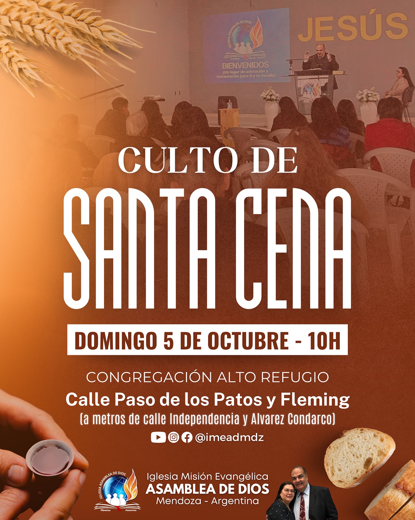 Este domingo 5 de octubre a partir de las 10h, celebramos la 10ª Santa Cena del año 2025 en nuestro templo en Las Heras. Calle Paso de los Patos y Fleming ( a dos cuadras de la calle Independencia a metros de la calle Alvarez Condarco).
Te esperamos para compartir este momento de comunión y celebración en la presencia del Señor.
