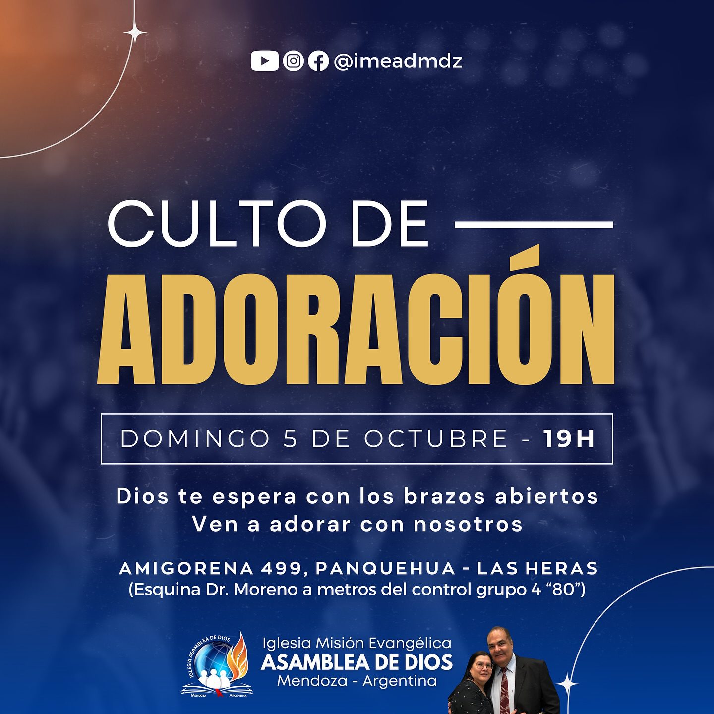 ¡Te invitamos a compartir un tiempo especial en la presencia de Dios junto a tu familia!
Acompáñanos este domingo 05 de octubre a partir de las 19h en Amigorena 499 (esquina Dr. Moreno) - Panquehua, Las Heras.). ¡Te esperamos! 🙏🏼
Creemos que Dios tiene un propósito glorioso para tu vida y la de tu familia.
¡EN UNIÓN, COMUNIÓN Y ORACIÓN!
