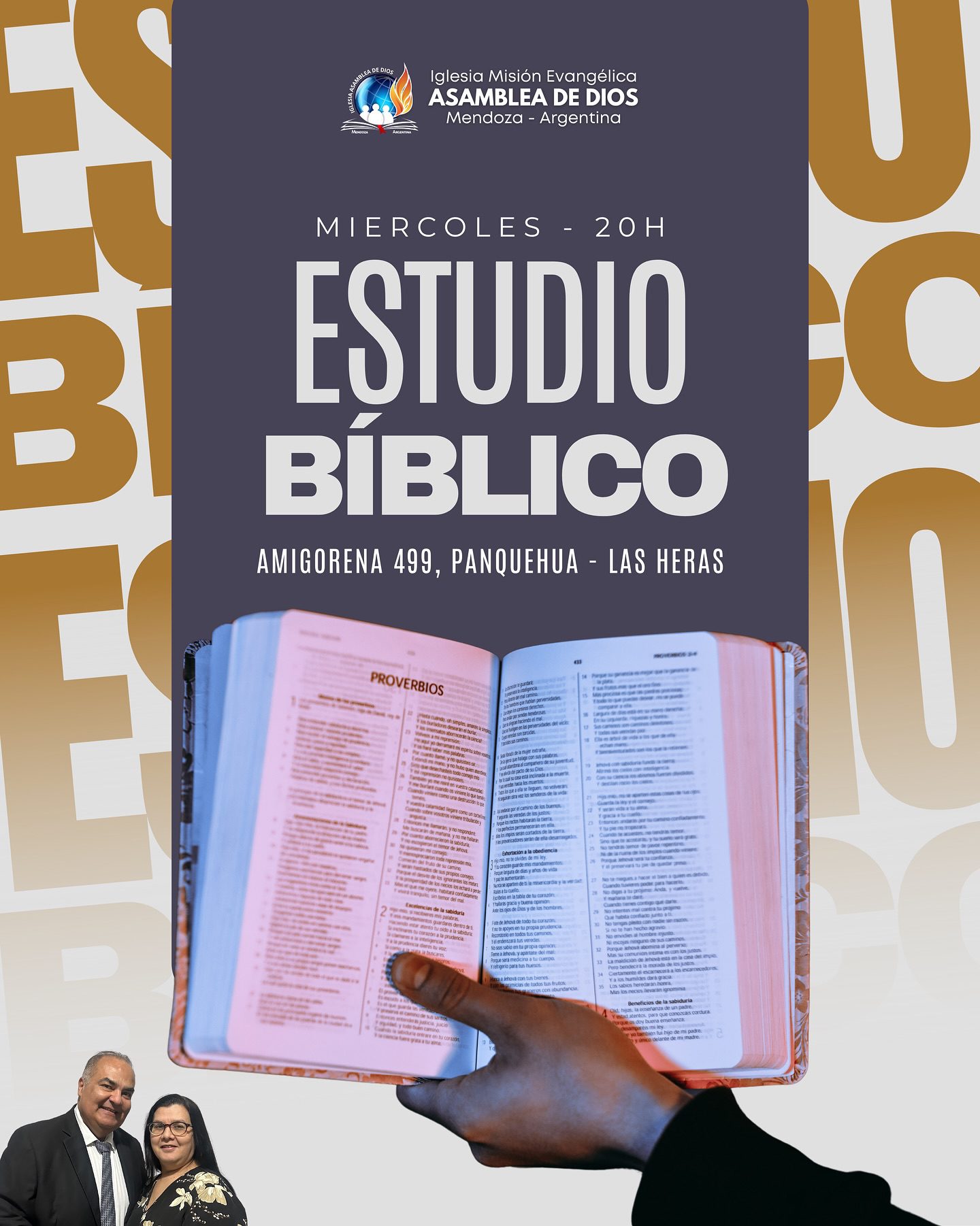 Todos los miércoles a las 20h, nos reunimos para adorar al Señor y recibir una palabra de vida y fortalecimiento espiritual de parte de Dios, compartida por nuestro Pastor Rubens. No dudes en venir, ¡te esperamos!

📍Amigorena 499 (esquina Dr. Moreno) - Panquehua, Las Heras

📖 Dios tiene un plan glorioso para tu vida y tu familia. Te esperamos 🙏🏼