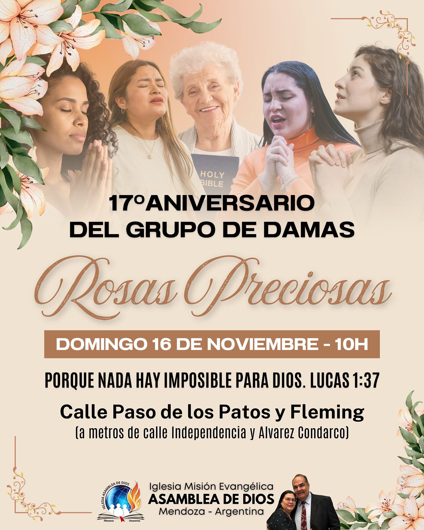 Te invitamos a participar este domingo 16 de noviembre, a partir de las 10h, en una celebración especial para agradecer a Dios por los 17º años del grupo de damas Rosas Preciosa. 

📍Calle Paso de los Patos y Fleming ( a dos cuadras de la calle Independencia a metros de la calle Alvarez Condarco).
