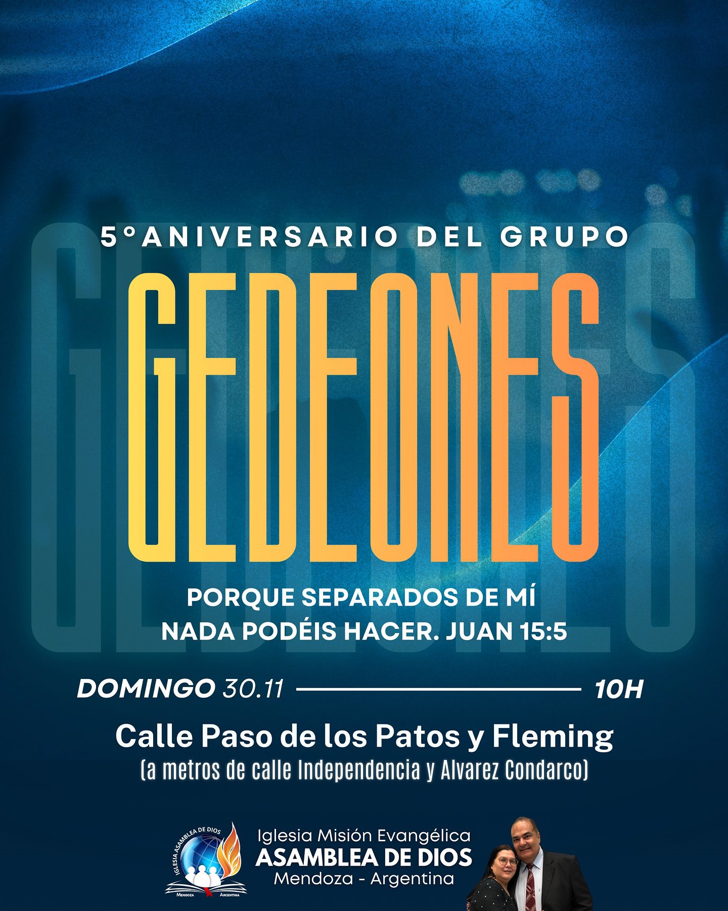 Este domingo de 30 de noviembre, a las 10h, celebraremos el 5º aniversario de los Gedeones, agradeciendo a Dios por todas las victorias que Él nos ha concedido. ¡Ven a celebrar con nosotros!

📍Calle Paso de los Patos y Fleming ( a dos cuadras de la calle Independencia a metros de la calle Alvarez Condarco)