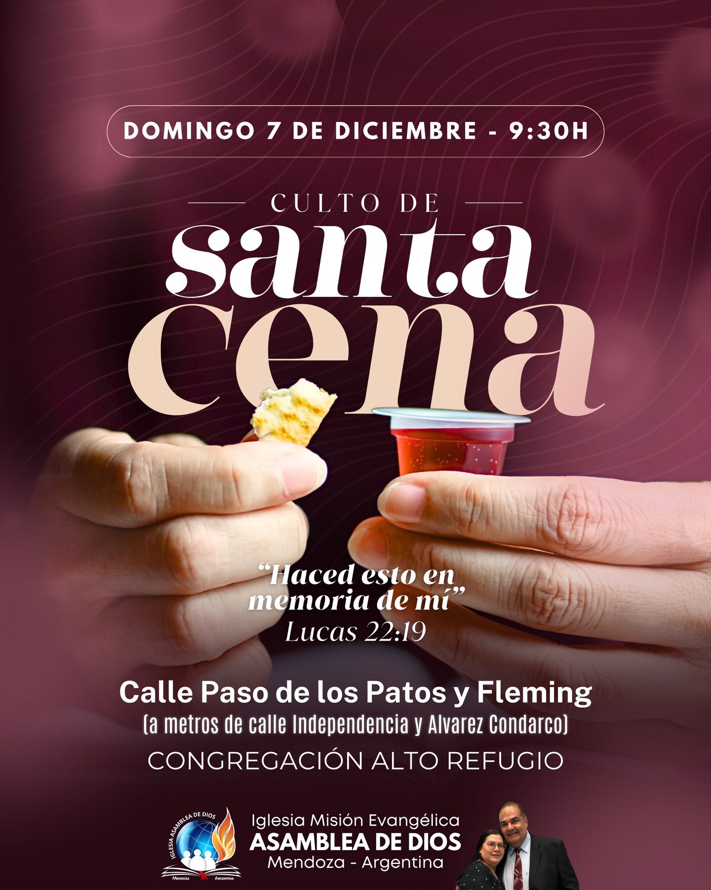 Este domingo 7 de diciembre, desde las 9:30h estaremos realizando nuestra última Santa Cena del año 2025 en 
Calle Paso de los Patos y Fleming (a dos cuadras de la calle Independencia a metros de la calle Alvarez Condarco). Te esperamos

Dios tiene un plan glorioso para tu vida y tu familia. Te esperamos 🙏🏼