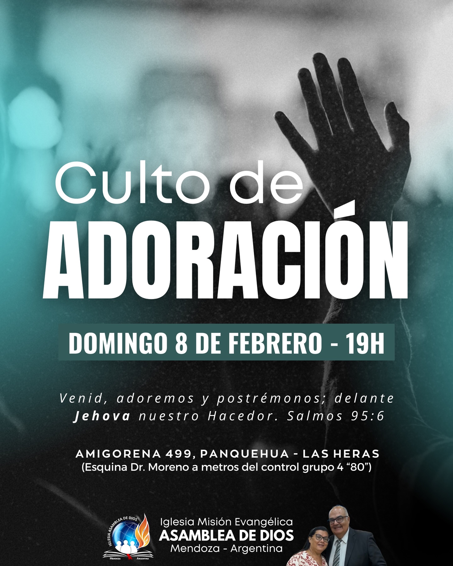 ¡Te invitamos a compartir un tiempo especial en la presencia de Dios junto a tu familia!
Acompáñanos este domingo 8 de febrero a partir de las 19h en Amigorena 499 (esquina Dr. Moreno) - Panquehua, Las Heras.). ¡Te esperamos! 🙏🏼

Dios tiene un propósito glorioso para tu vida y la de tu familia.